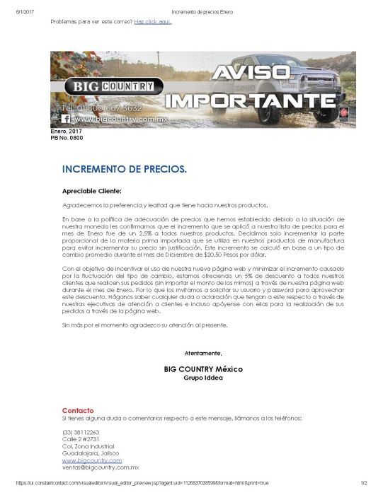 Incremento de precio Enero 17 1